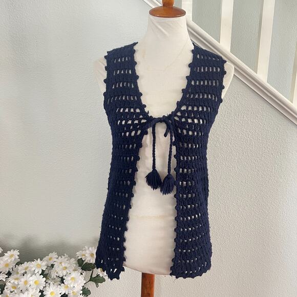 Handmade Crochet Blue Tie Front Open Knit Vest S/M Retro Artisan Granny - Picture 1 of 4
